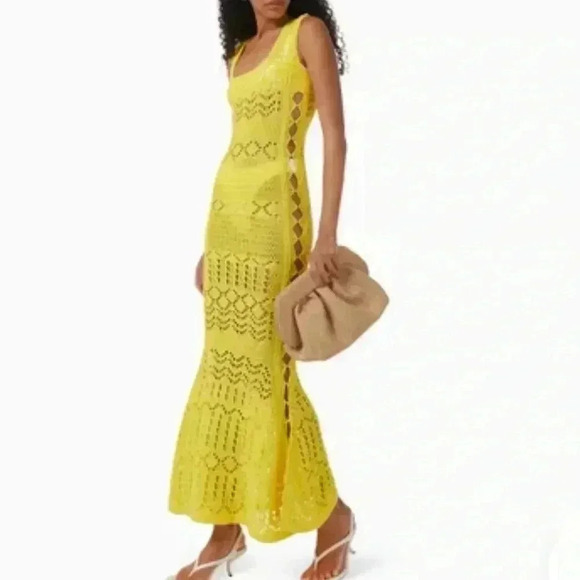 ALEXIS Crochet Maxi Dress Yellow L Sleeveless Cutout Coverup Bodycon Knit $825 - Picture 4 of 10